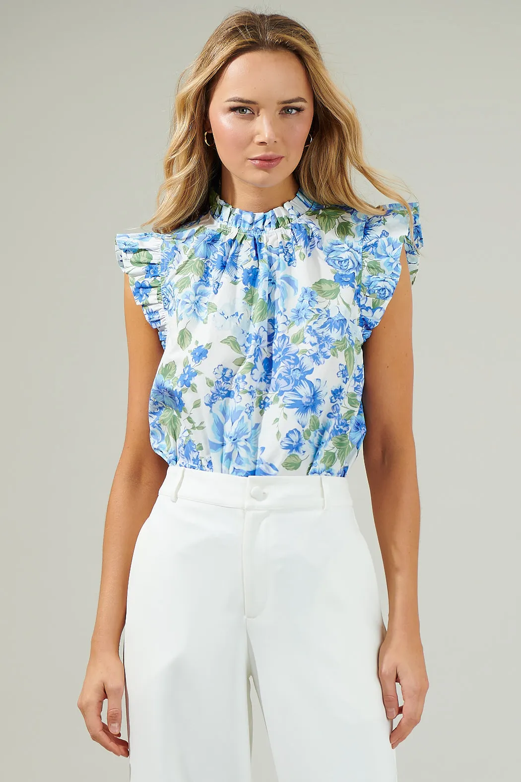 Truth Be Told Blue Floral Gabrielle Mock Neck Poplin Top sold by Sugarlips