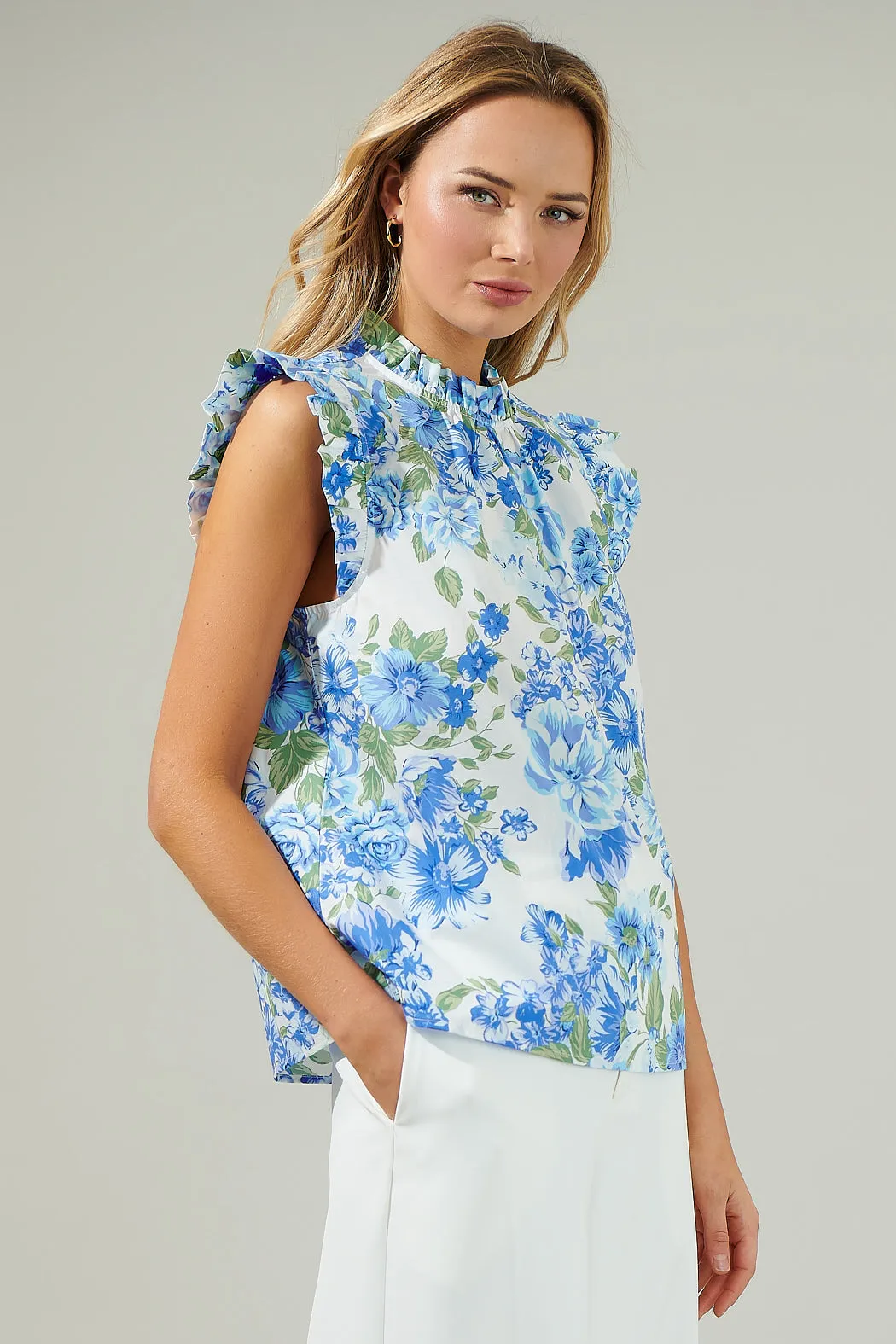 Truth Be Told Blue Floral Gabrielle Mock Neck Poplin Top sold by Sugarlips product image thumbnail 3