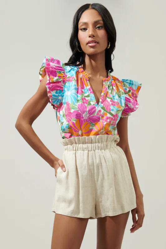 Tropical Twist Risette Ruffle Cap Sleeve Split Neck Top sold by Sugarlips