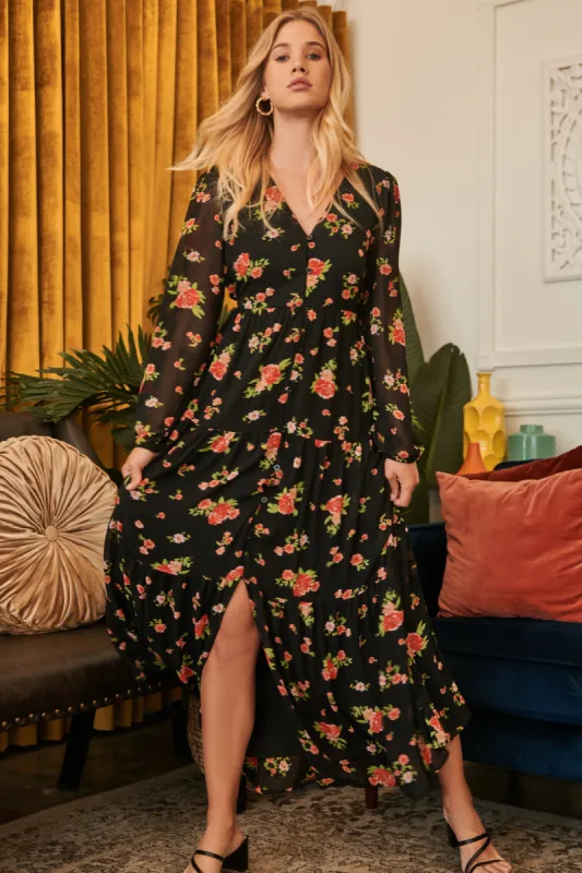 English Rose Onyx Floral Monaco Tiered Maxi Dress sold by Sugarlips