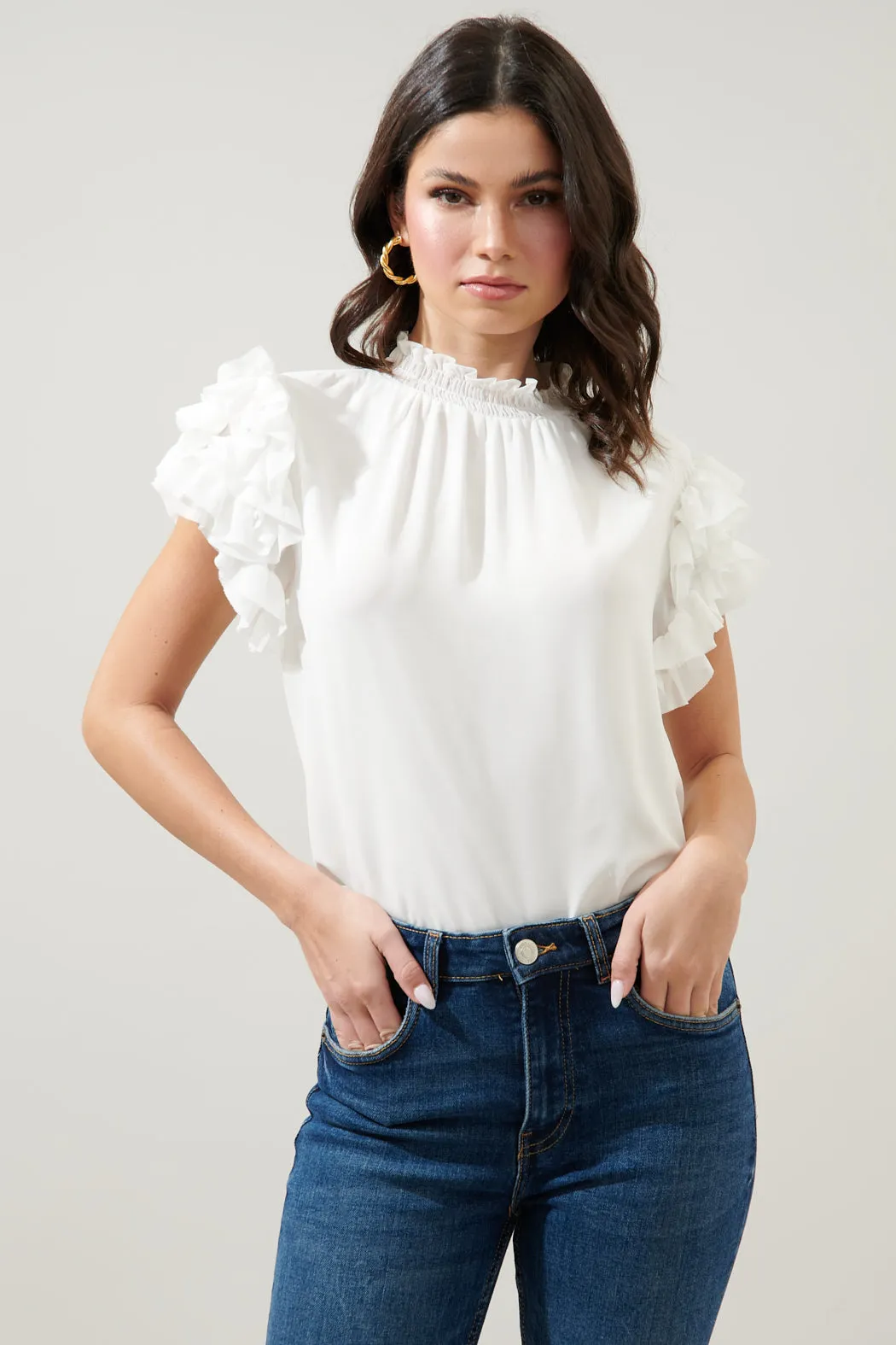 Brenna Mock Neck Ruffle Blouse sold by Sugarlips