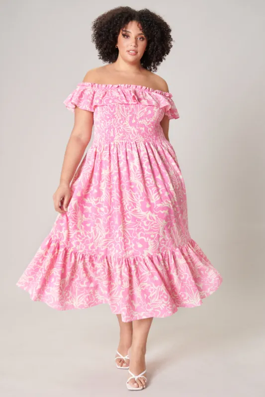 Malia Floral Off the Shoulder Smocked Midi Dress Curve made by Sugarlips