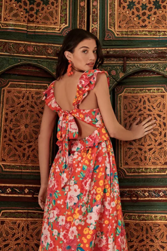 Waverly Floral Lizbeth Ruffle Back Tie Midi Dress sold by Sugarlips