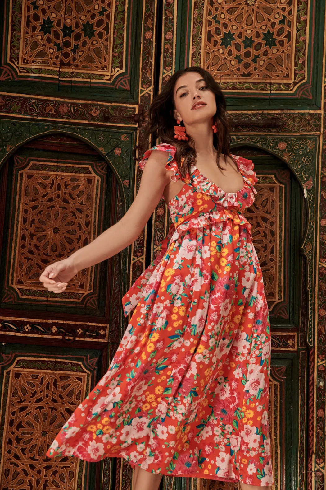 Waverly Floral Lizbeth Ruffle Back Tie Midi Dress sold by Sugarlips product image thumbnail 2