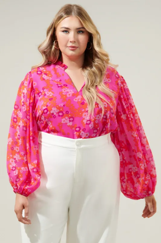 Poppy Punch Hathaway Split Neck Long Sleeve Blouse Curve sold by Sugarlips