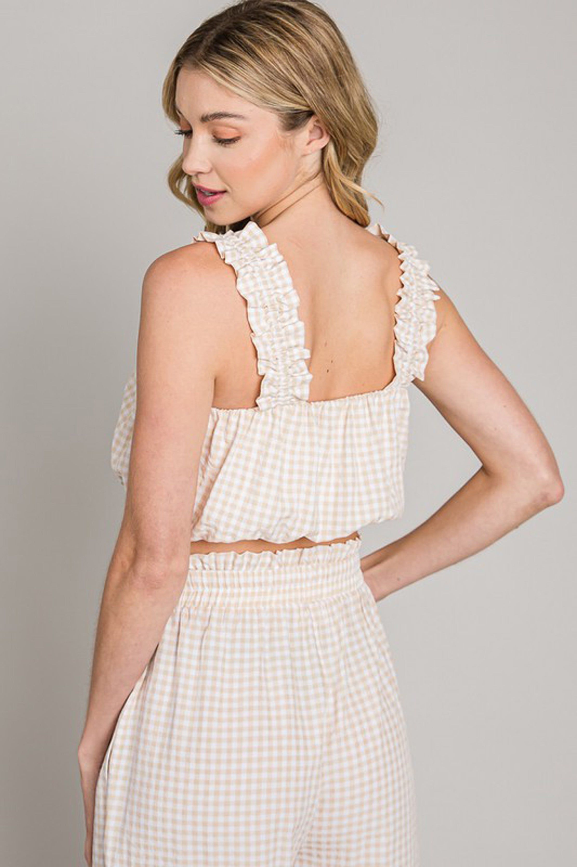 Gingham Ruffle Strap Bubble Crop Top sold by Sun n Moon product image thumbnail 3