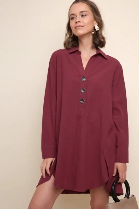 Burgundy Collared Shirt Dress sold by Sun n Moon