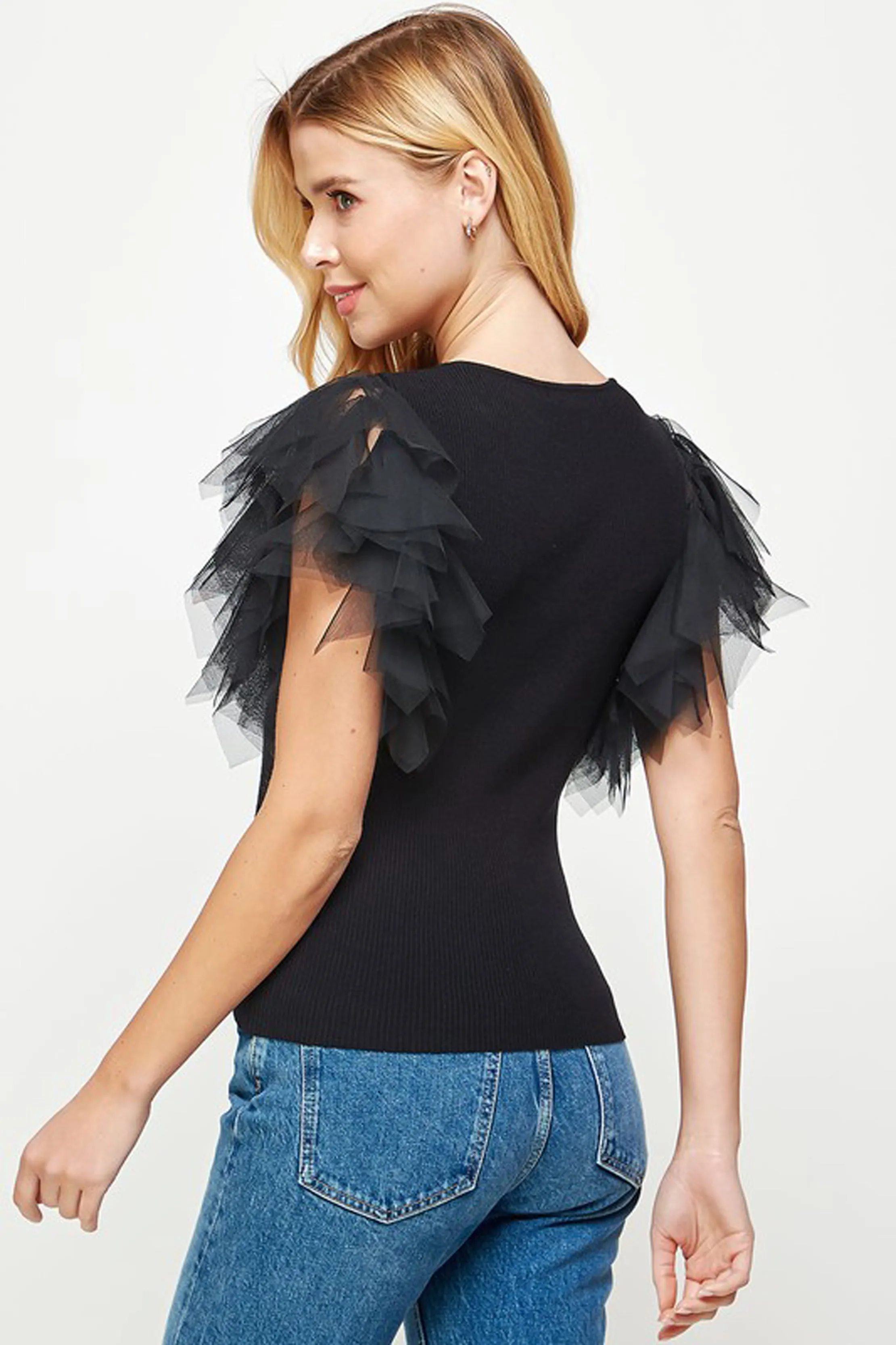 Tulle Ruffle Sleeve Ribbed Top sold by Sun n Moon product image thumbnail 3