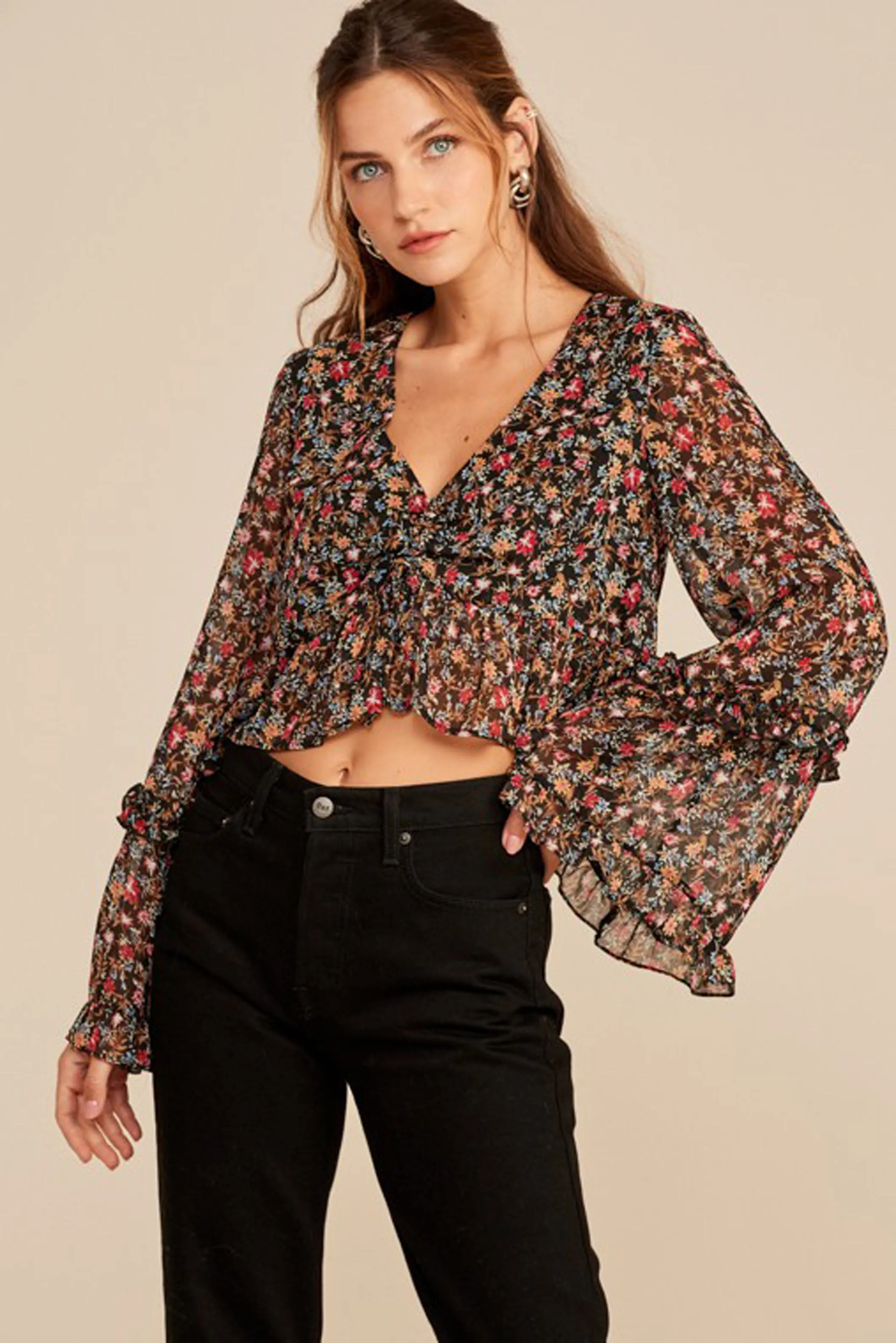 Floral V-Neck Bell Sleeve Crop Top sold by Sun n Moon