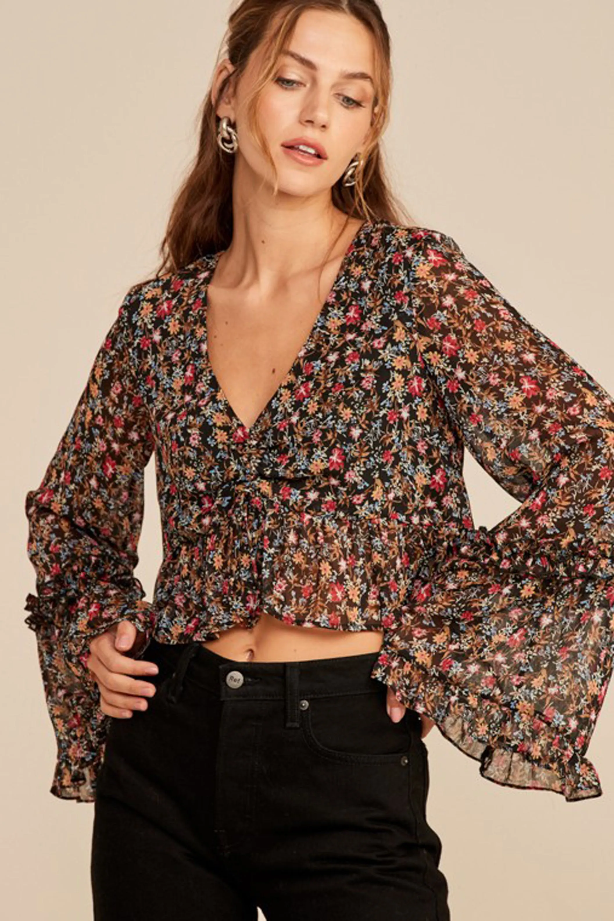 Floral V-Neck Bell Sleeve Crop Top sold by Sun n Moon product image thumbnail 2