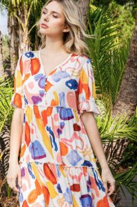 Multicolor Abstract Print Ruffle Midi Dress sold by Sun n Moon
