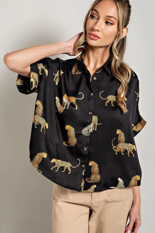 Leopard Satin Collared Button Up Top sold by Sun n Moon