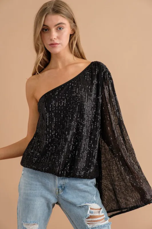 Sequin One Shoulder Bell Sleeve Top sold by Sun n Moon
