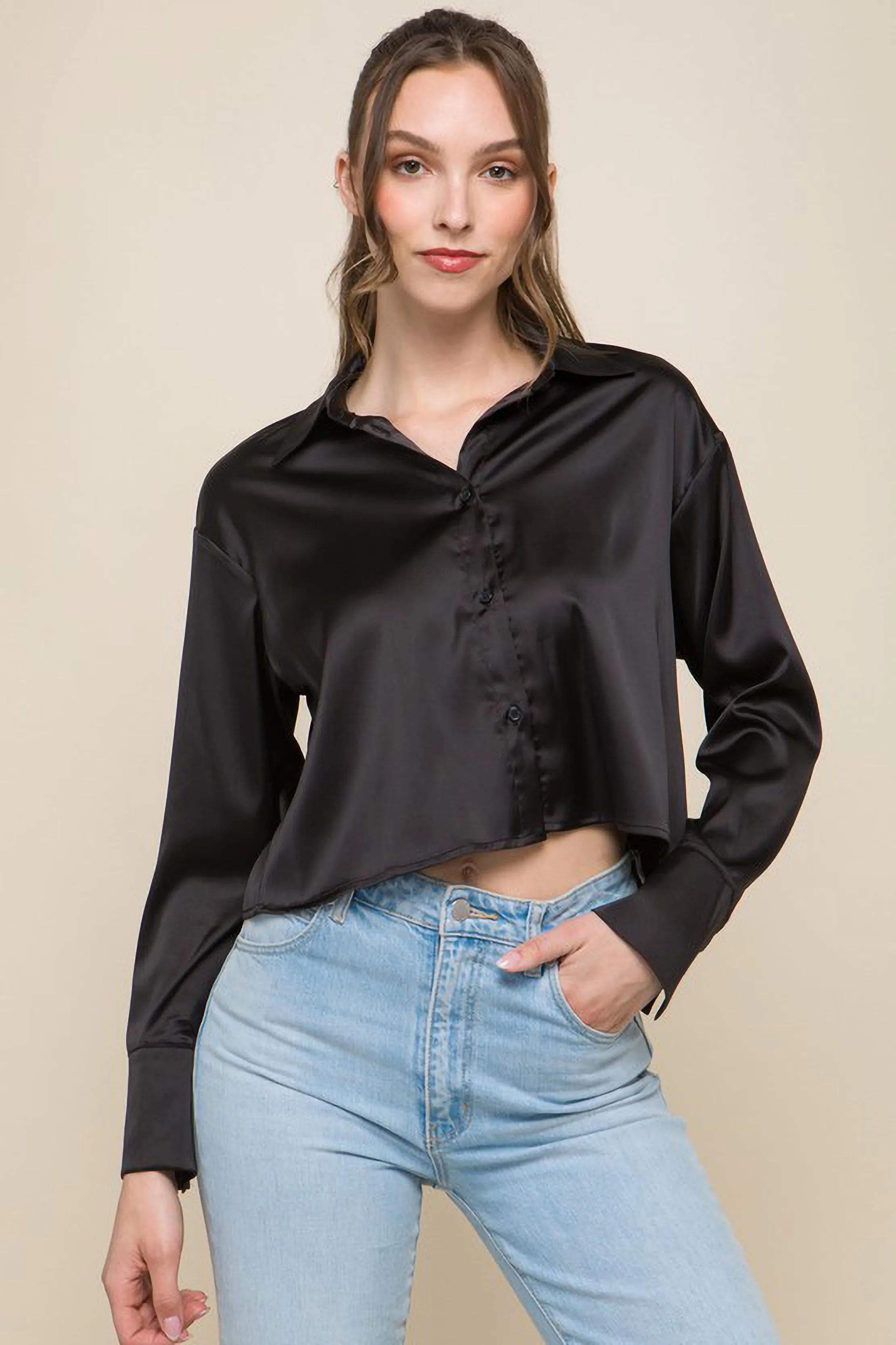 Satin Cropped Collared Button Up sold by Sun n Moon product image thumbnail 3