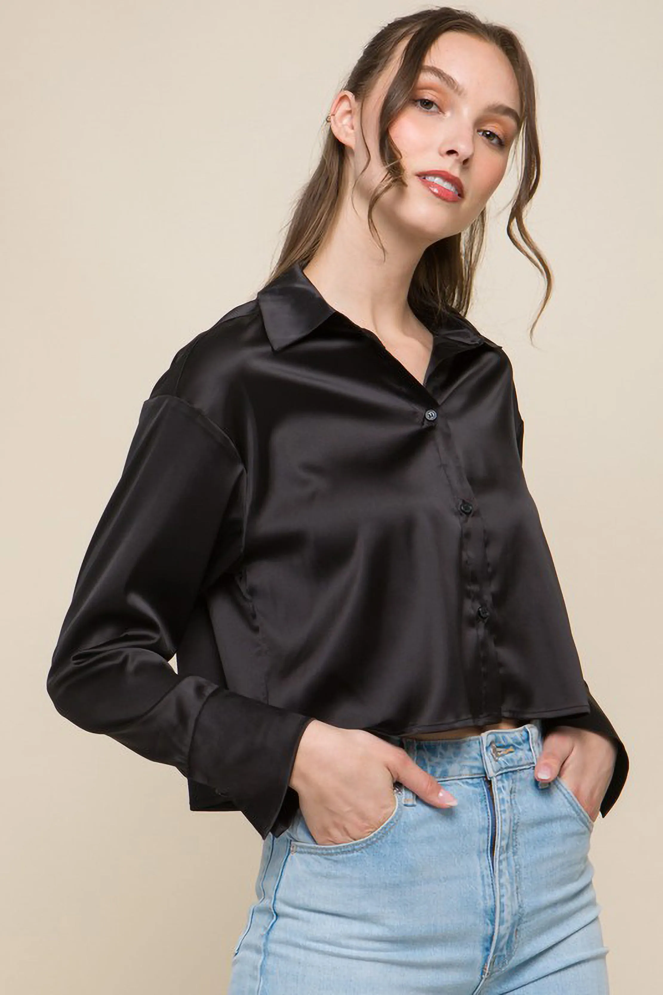 Satin Cropped Collared Button Up sold by Sun n Moon