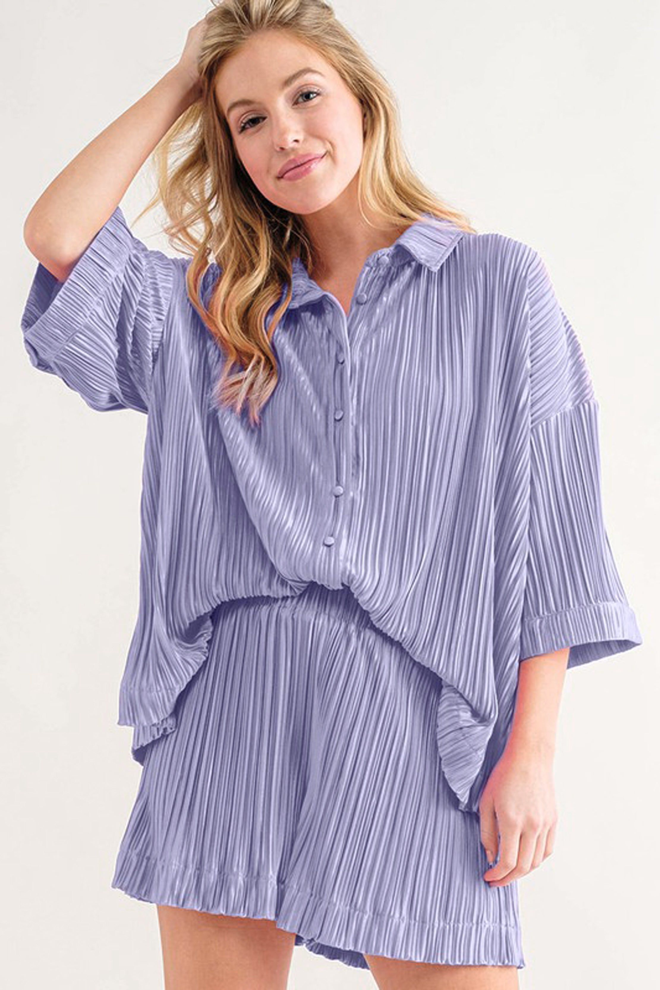 Pleated Button Up Shirt and Shorts Set sold by Sun n Moon product image thumbnail 2