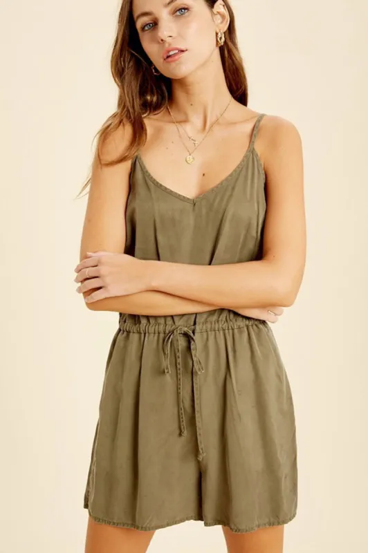 Olive Spaghetti Strap Pocket Romper sold by Sun n Moon
