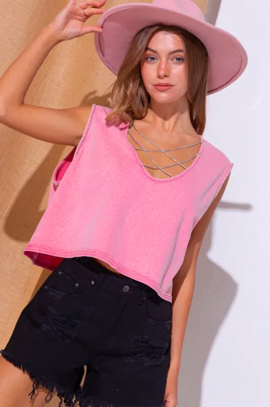 Rhinestone Criss Cross Front Cropped Tank sold by Sun n Moon