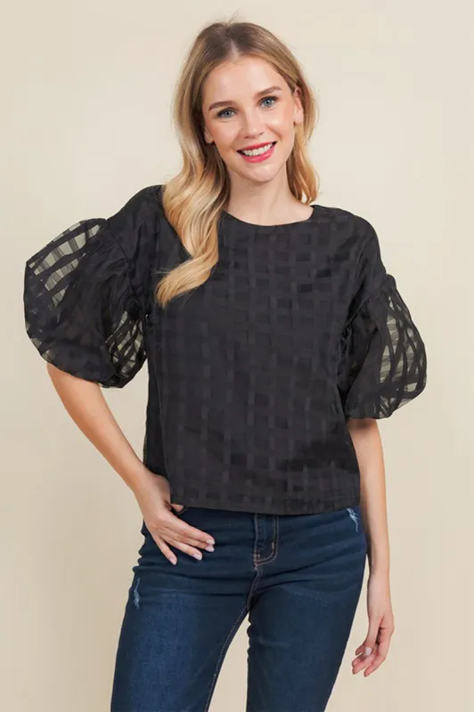 Checkered Organza Puff Sleeve Top sold by Sun n Moon