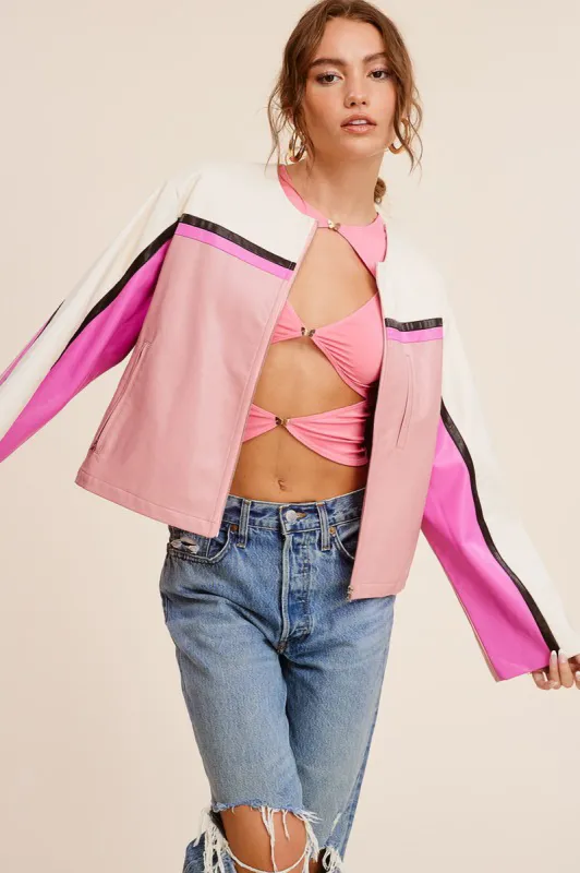 Pink Color Block Faux Leather Moto Jacket sold by Sun n Moon