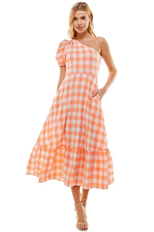 Orange Gingham One Sleeve Maxi Dress sold by Sun n Moon