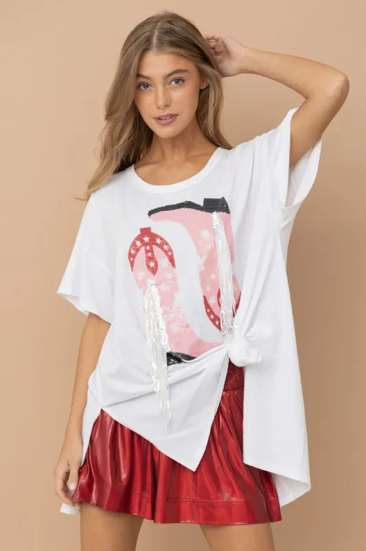 Sequin Fringe Cowgirl Boot Oversized Tee made by Sun n Moon