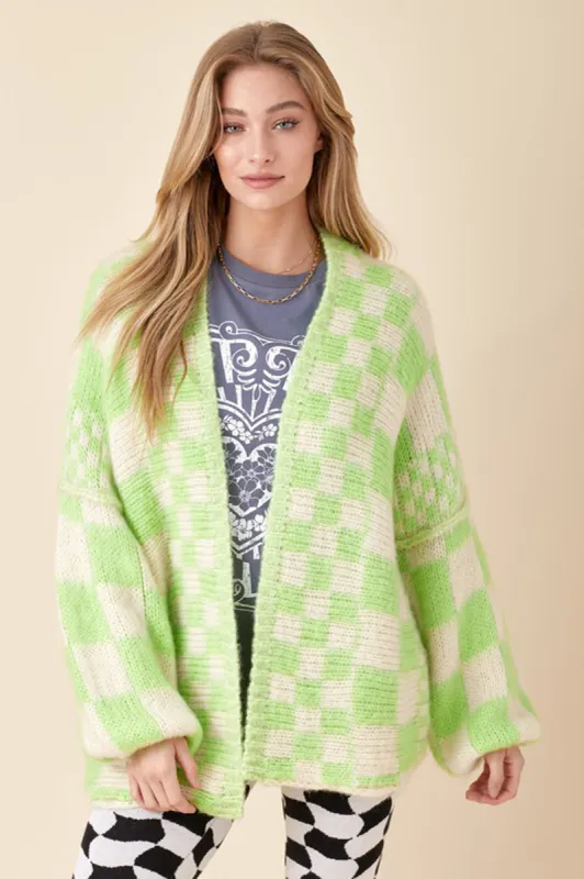 Lime Green Checkered Knit Cardigan sold by Sun n Moon