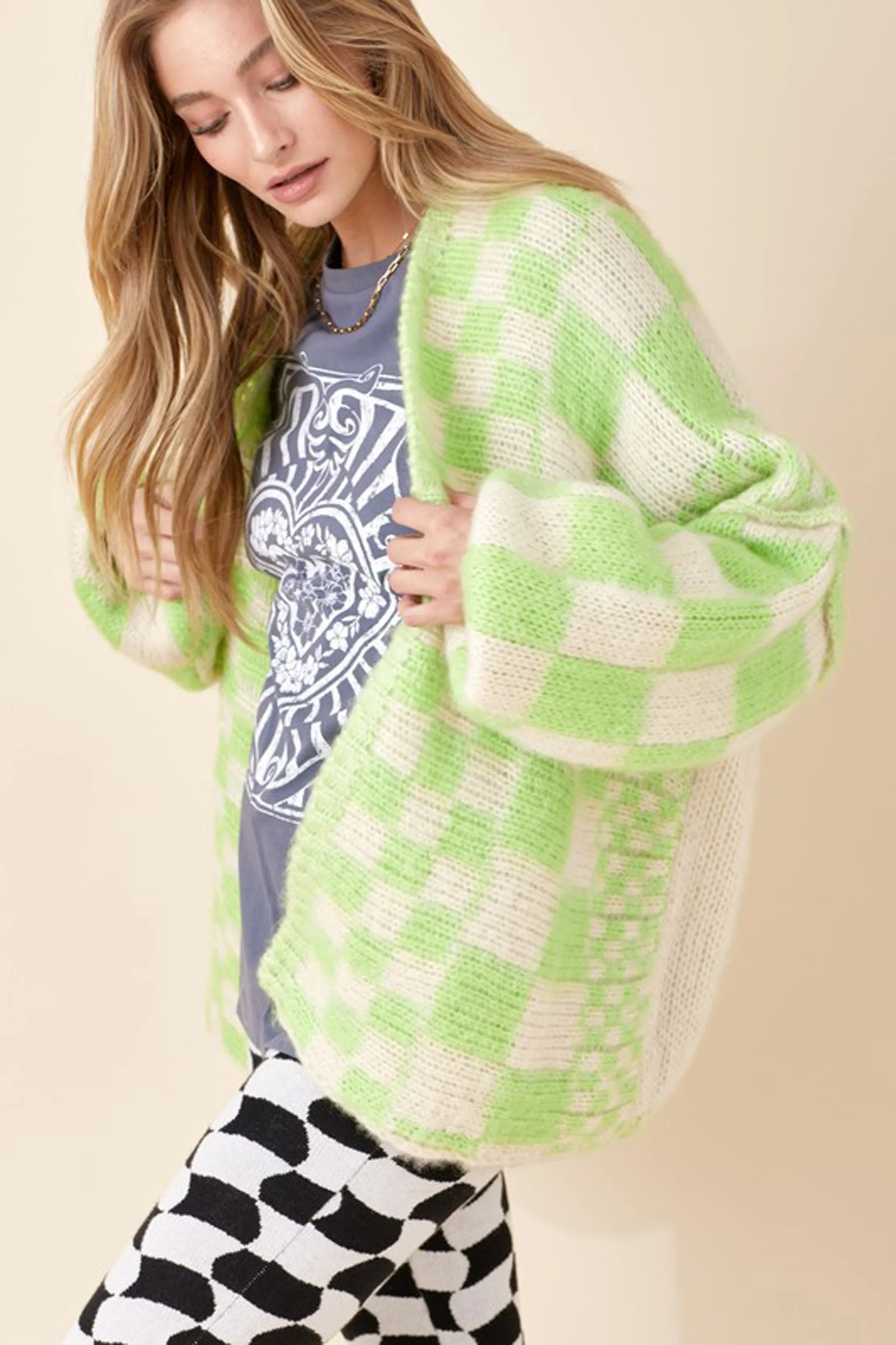 Lime Green Checkered Knit Cardigan sold by Sun n Moon product image thumbnail 2