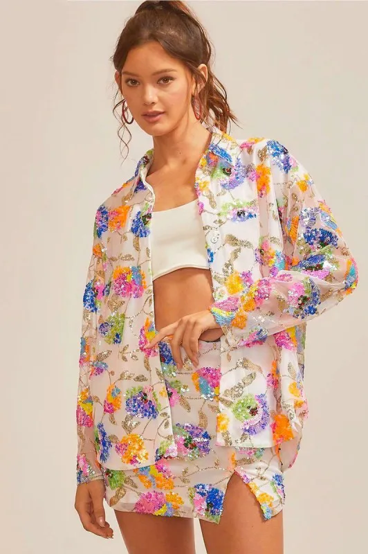 Sequin Floral Collared Button Up sold by Sun n Moon