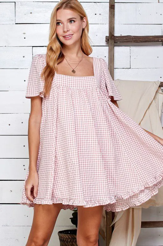 Pink Gingham Flutter Sleeve Dress sold by Sun n Moon