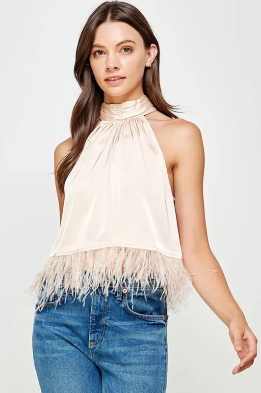 Satin Halter Feather Trim Top sold by Sun n Moon