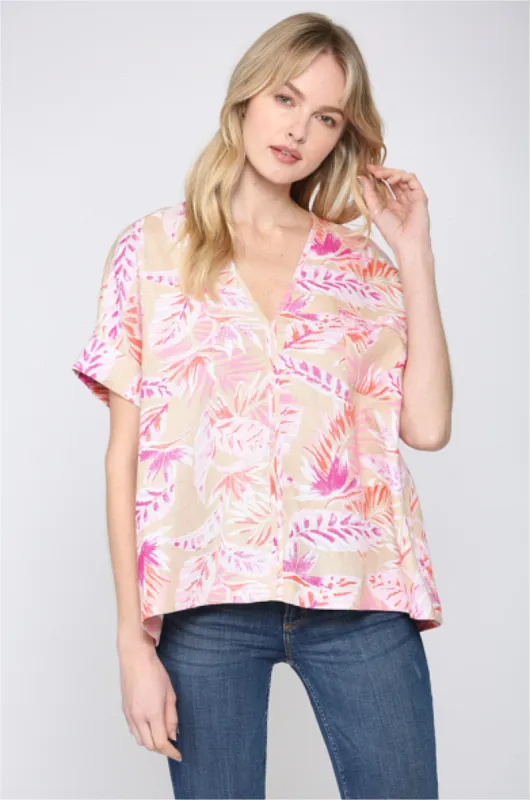 Tropical Print V-Neck Linen Top sold by Sun n Moon