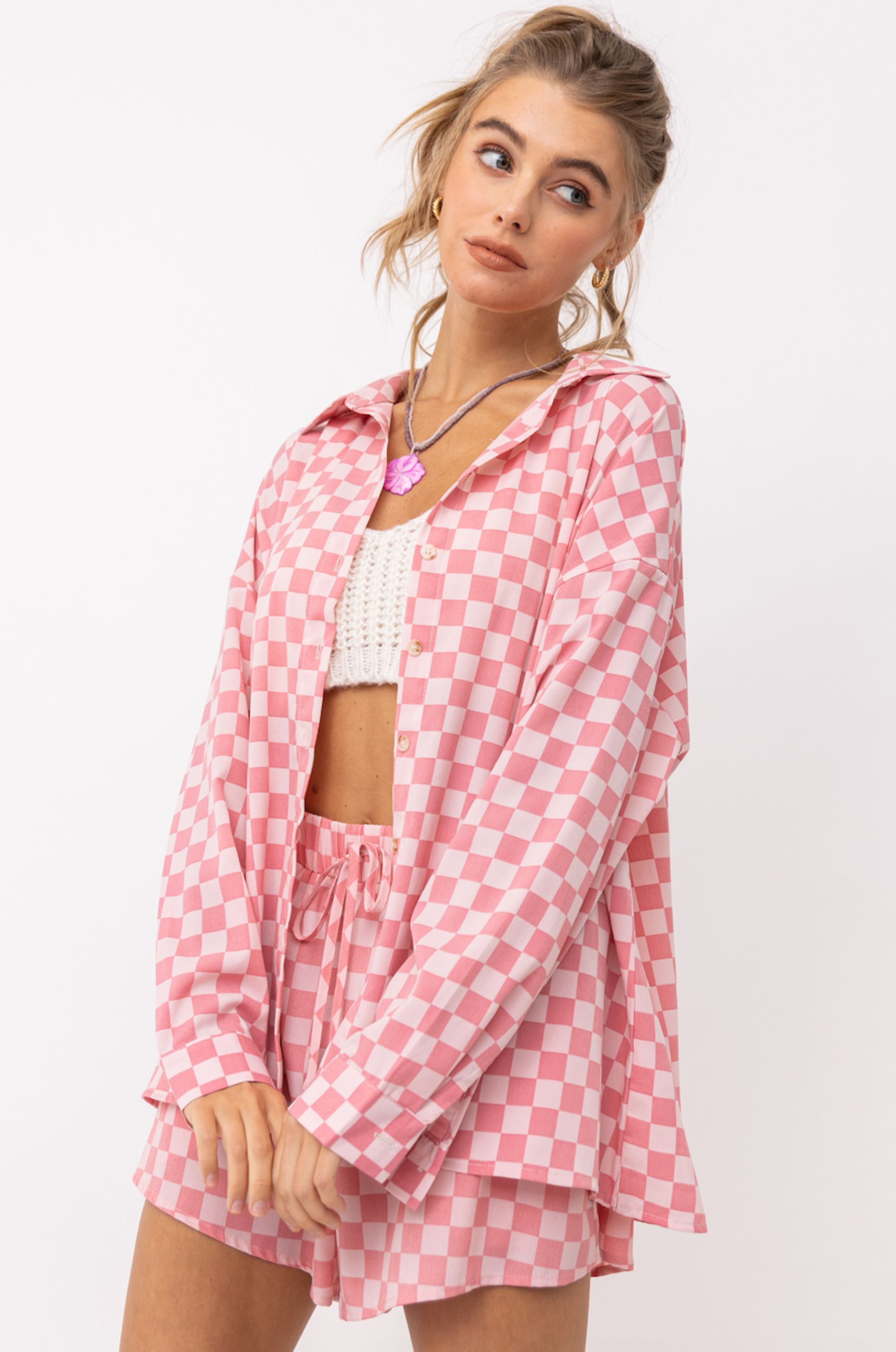 Pink Checkered Shirt and Shorts Set sold by Sun n Moon