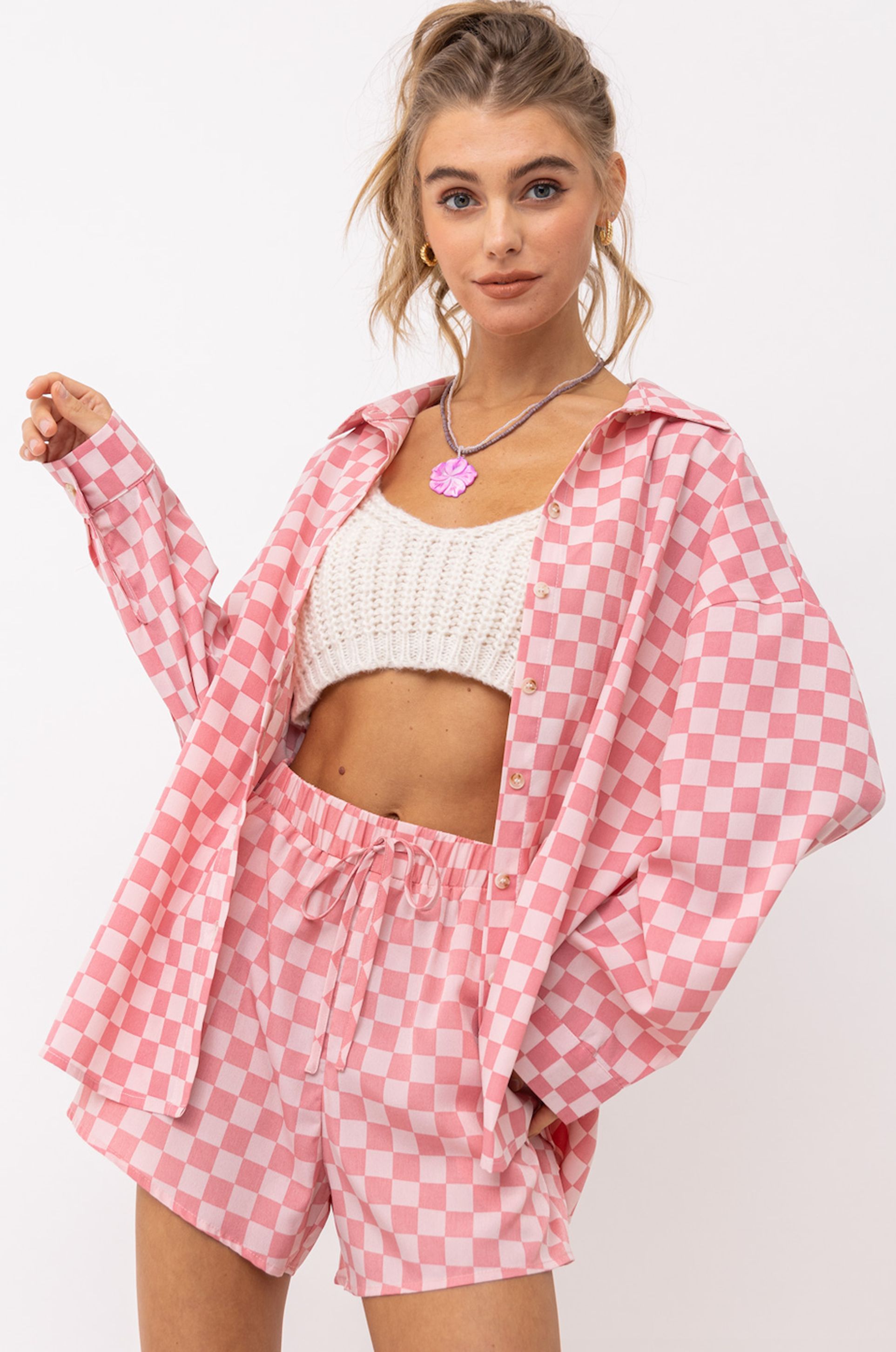 Pink Checkered Shirt and Shorts Set sold by Sun n Moon product image thumbnail 2
