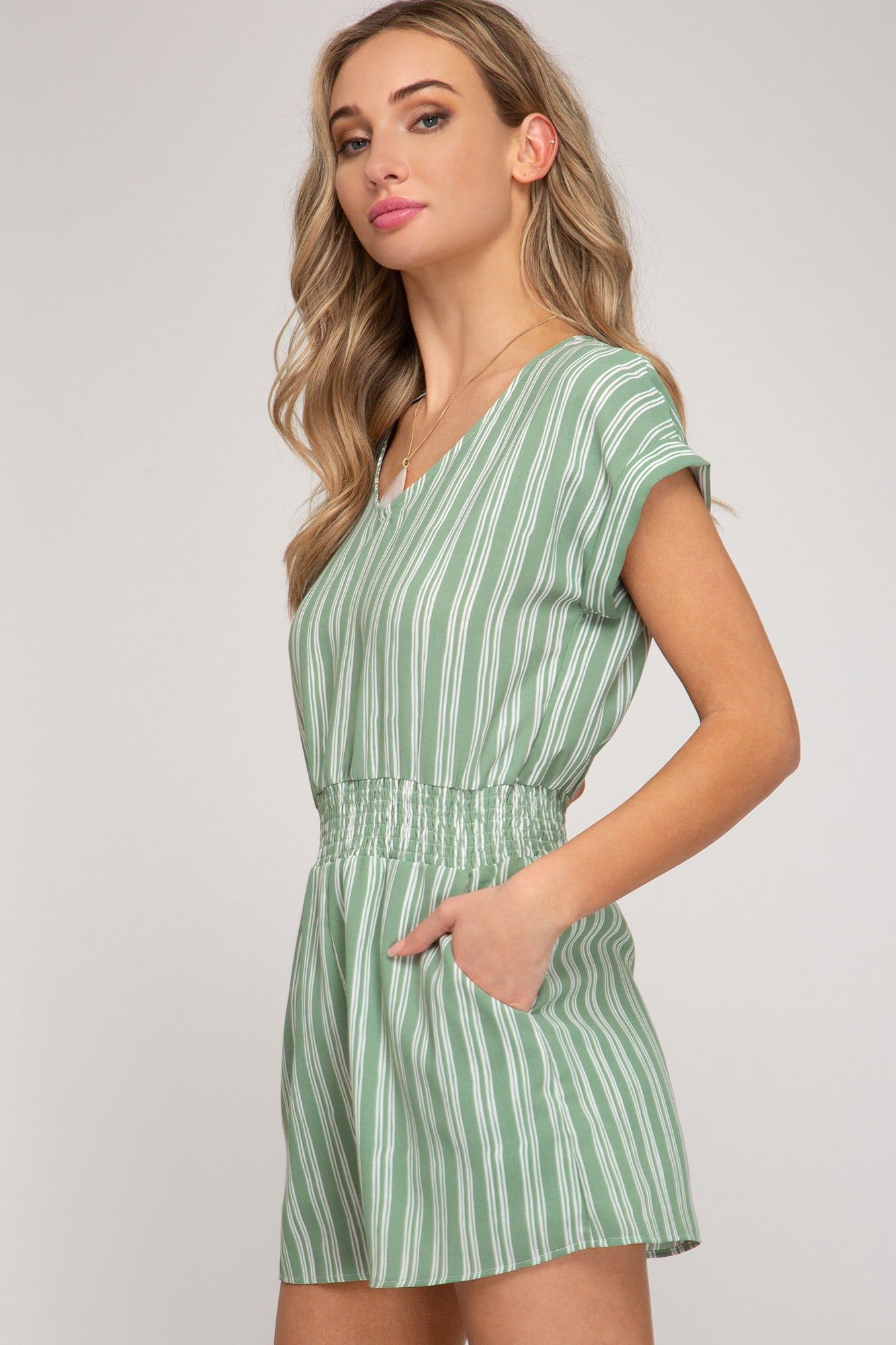 Sage Striped Smocked Romper sold by Sun n Moon product image thumbnail 2