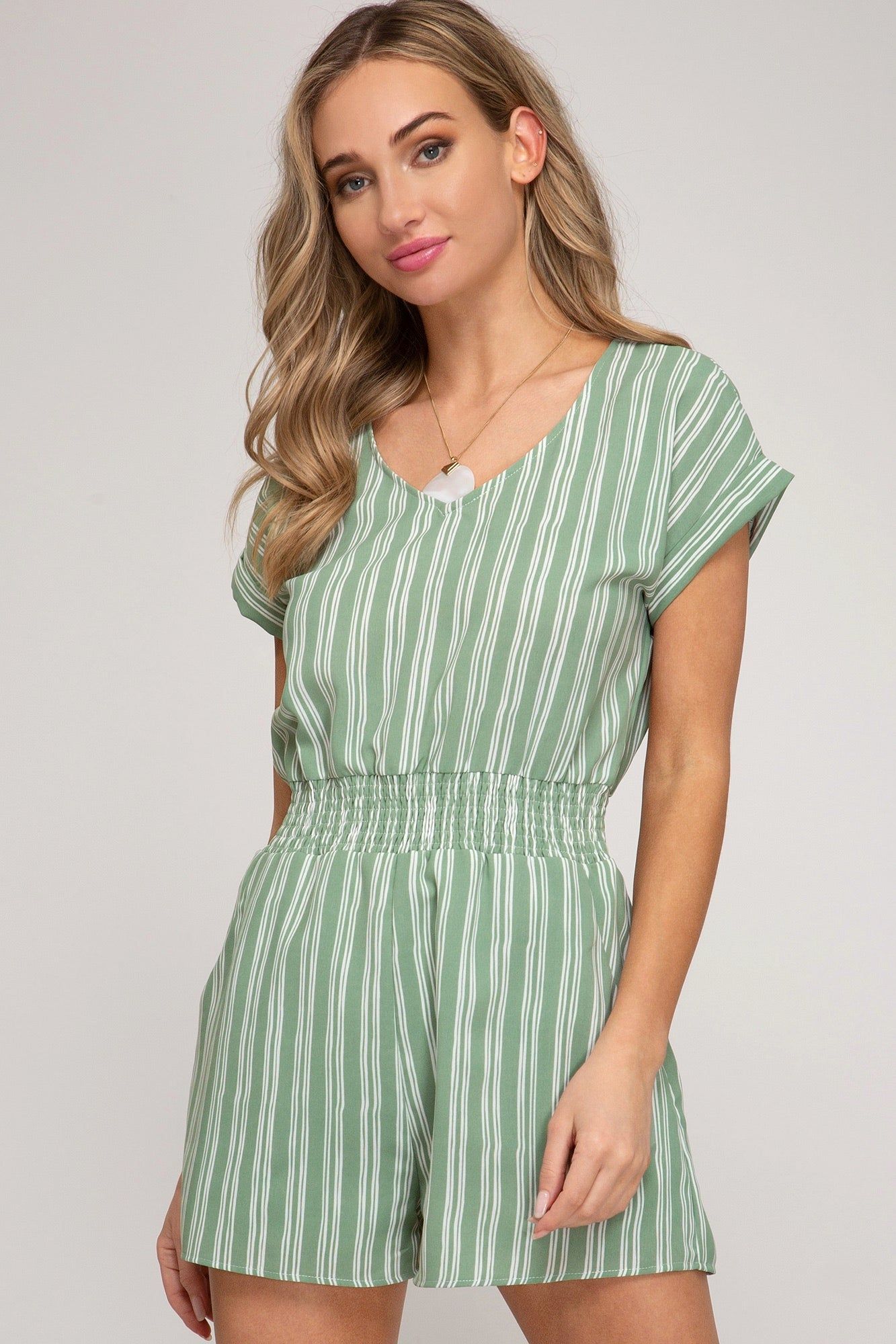 Sage Striped Smocked Romper sold by Sun n Moon