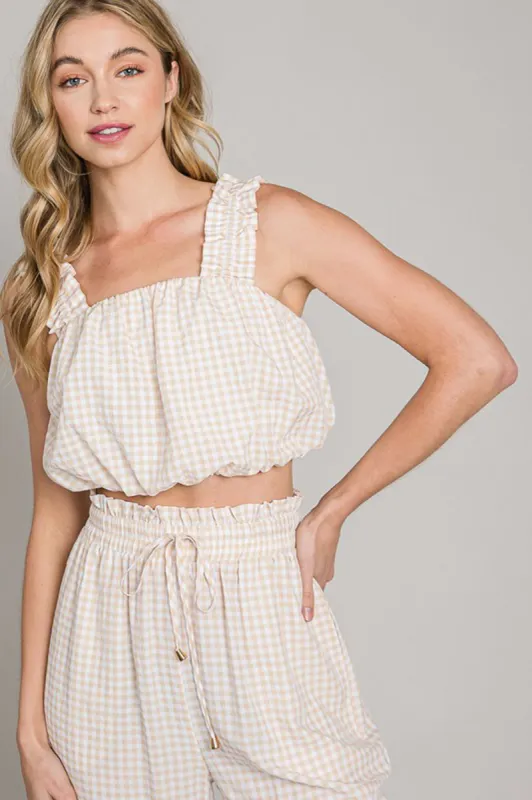 Gingham Ruffle Strap Bubble Crop Top sold by Sun n Moon