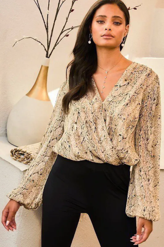 Balloon Sleeve Snake Print Bodysuit sold by Sun n Moon