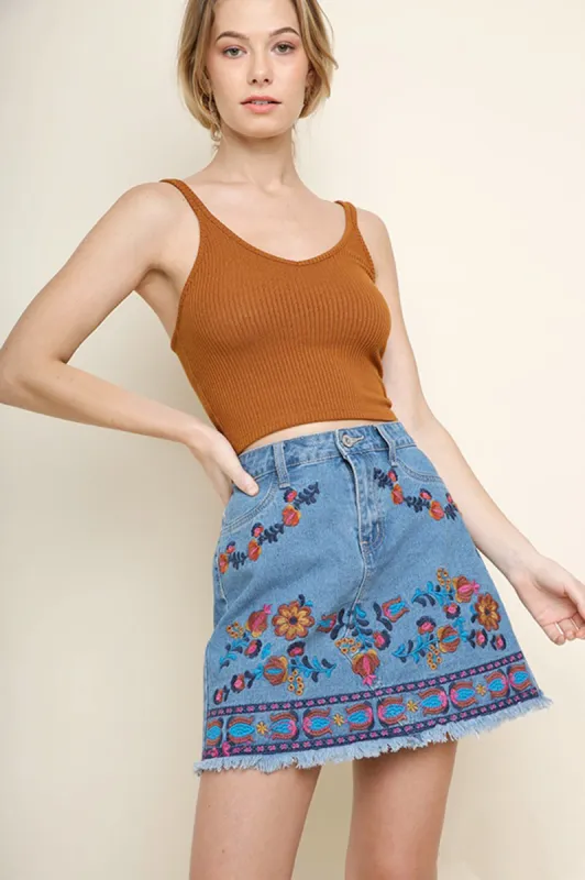 Multicolor Embroidered Denim Mini Skirt sold by Sun n Moon