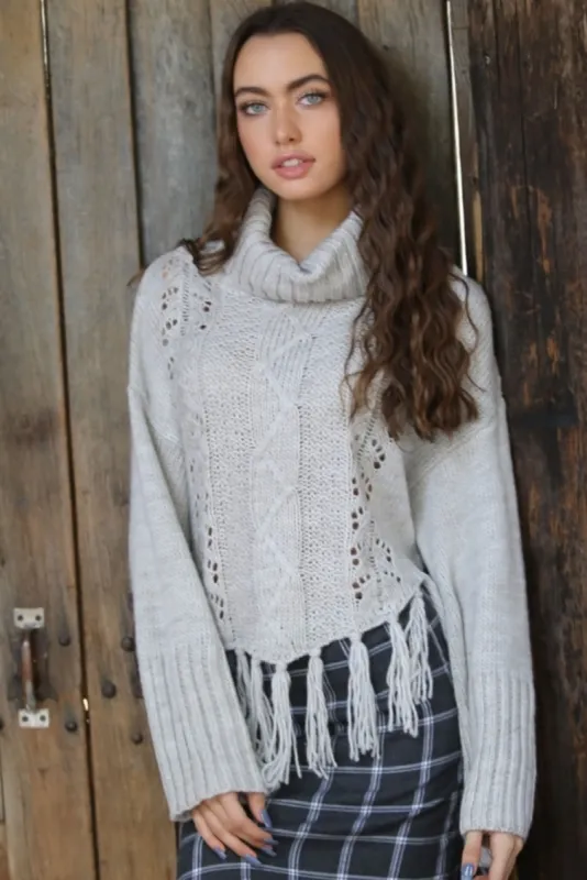 Oatmeal Fringe Cowl Neck Sweater sold by Sun n Moon