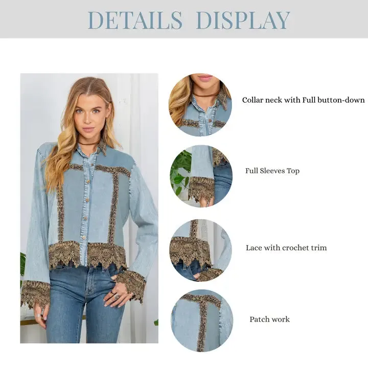 Sunset Serenade: Ice-Washed Denim Jacket with Gravel Lace sold by Sunbeam product image thumbnail 2