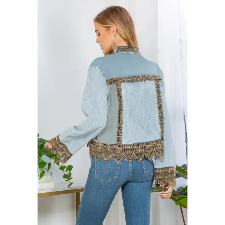 Sunset Serenade: Ice-Washed Denim Jacket with Gravel Lace sold by Sunbeam product image thumbnail 4