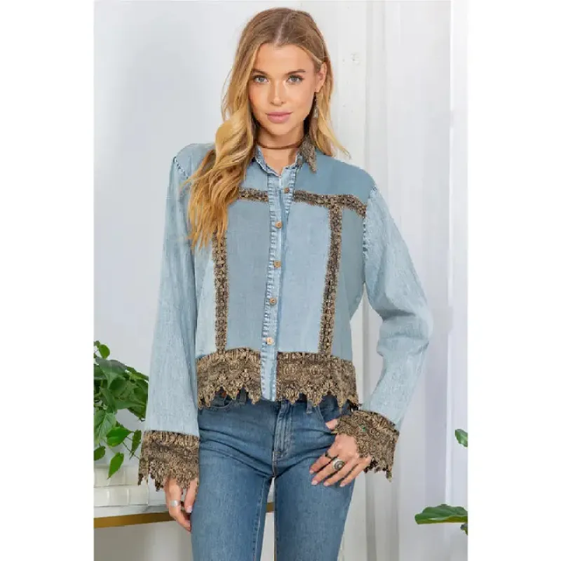 Sunset Serenade: Ice-Washed Denim Jacket with Gravel Lace sold by Sunbeam
