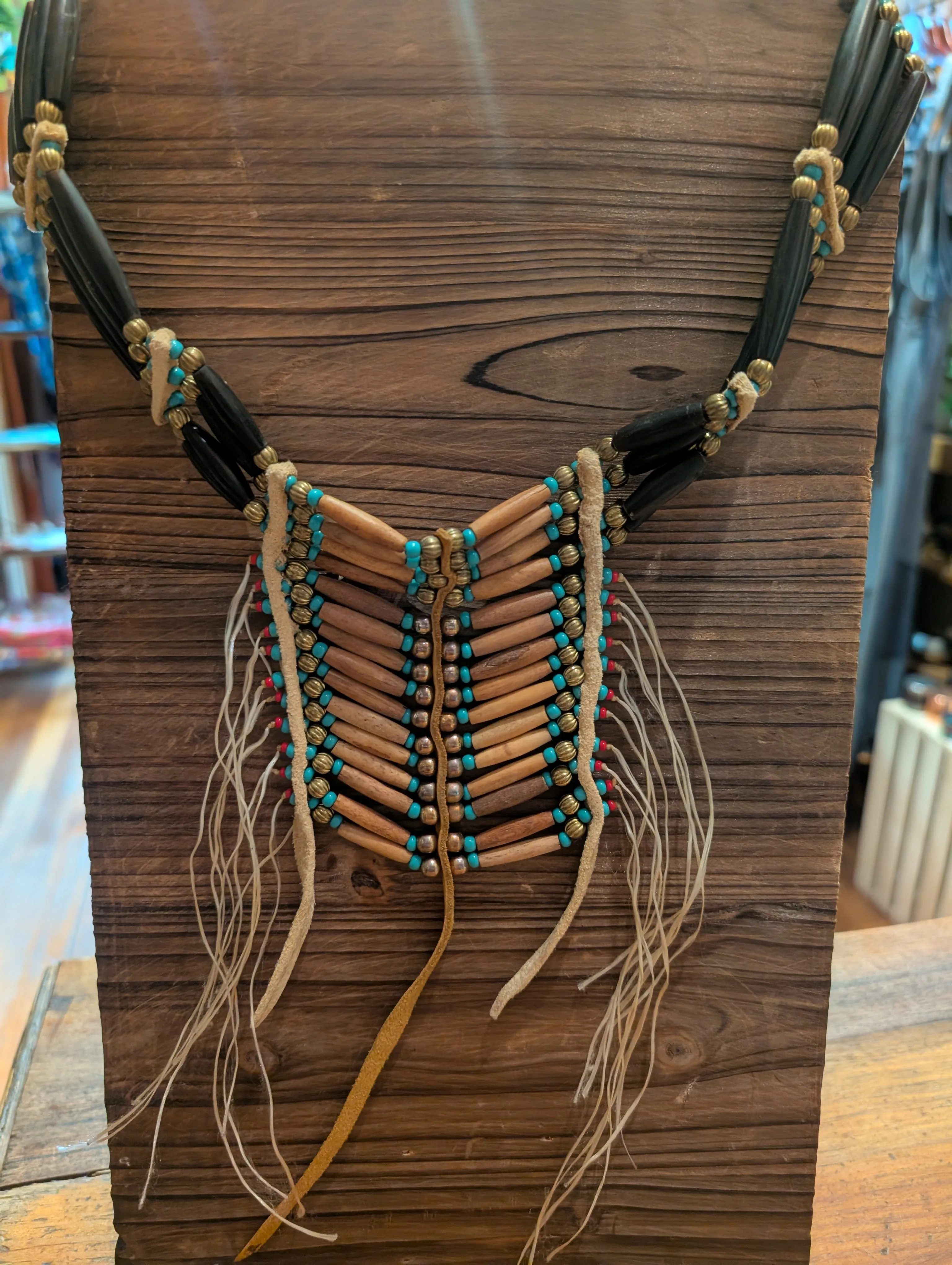 Wood & Leather Necklace With Turquoise Beads sold by Sunbeam