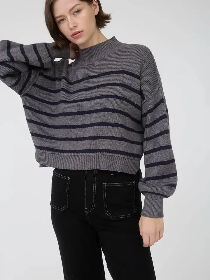 Striped Mock Neck Drop Shoulder Knit Sweater- Charcoal sold by Sunbeam product image thumbnail 2