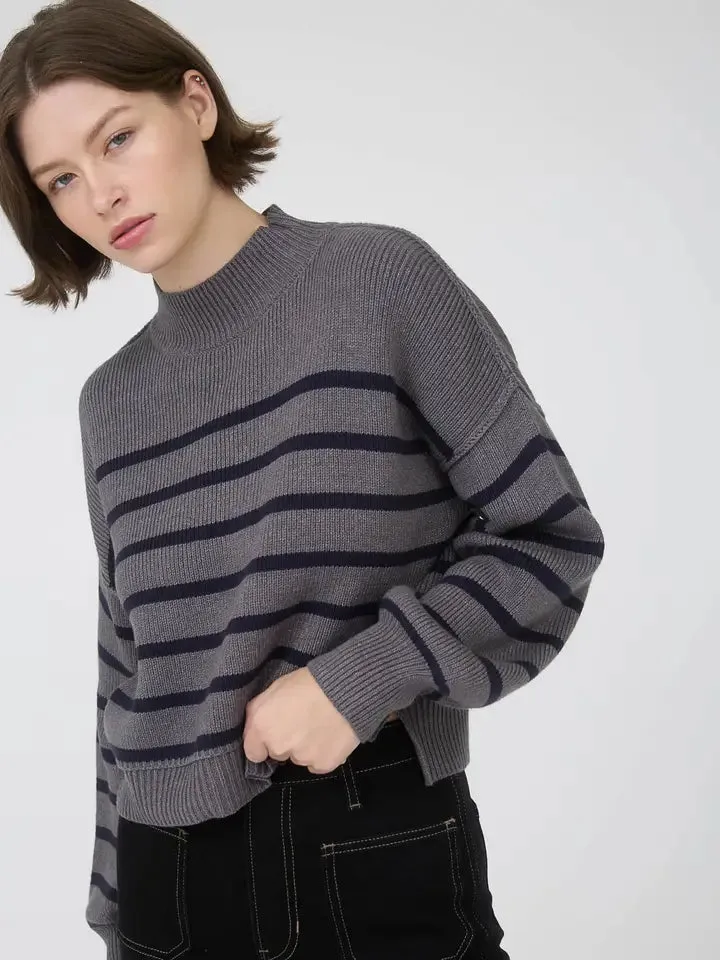 Striped Mock Neck Drop Shoulder Knit Sweater- Charcoal sold by Sunbeam product image thumbnail 3