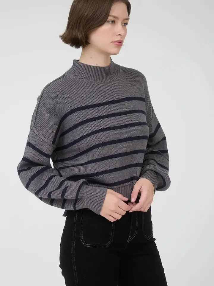 Striped Mock Neck Drop Shoulder Knit Sweater- Charcoal sold by Sunbeam product image thumbnail 4