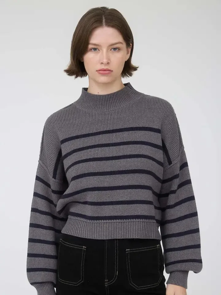 Striped Mock Neck Drop Shoulder Knit Sweater- Charcoal sold by Sunbeam