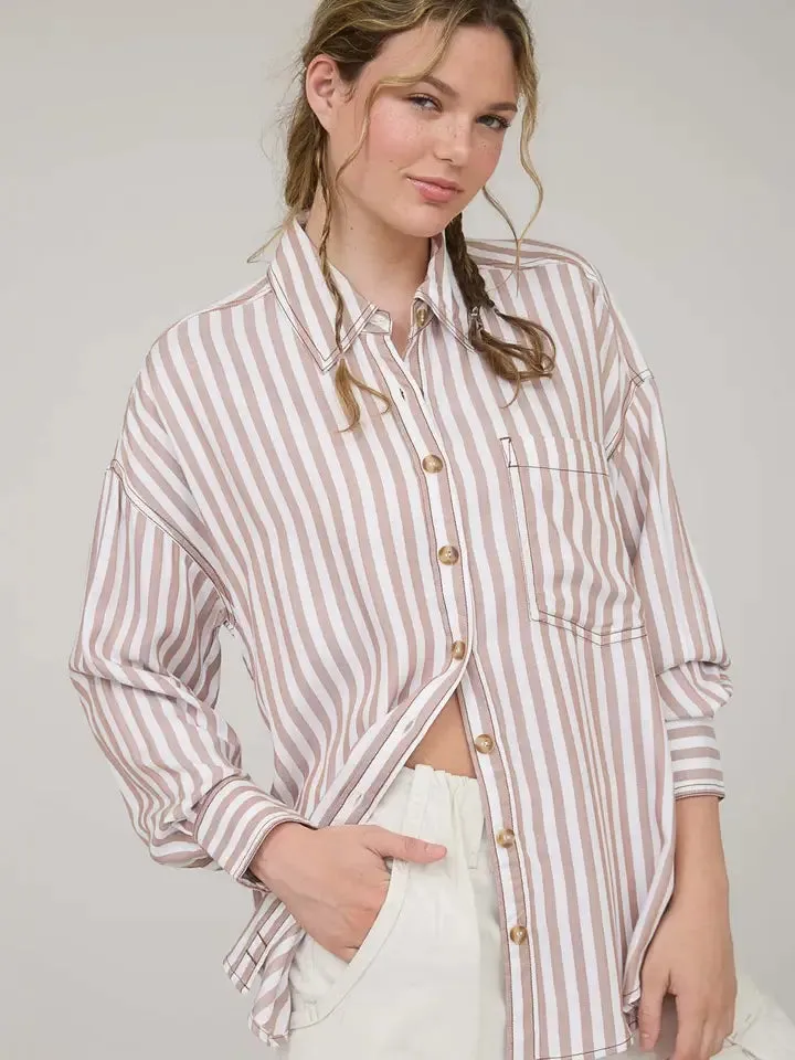 Stripe Collared Button Down Long Sleeve Shirt-Brown sold by Sunbeam product image thumbnail 5
