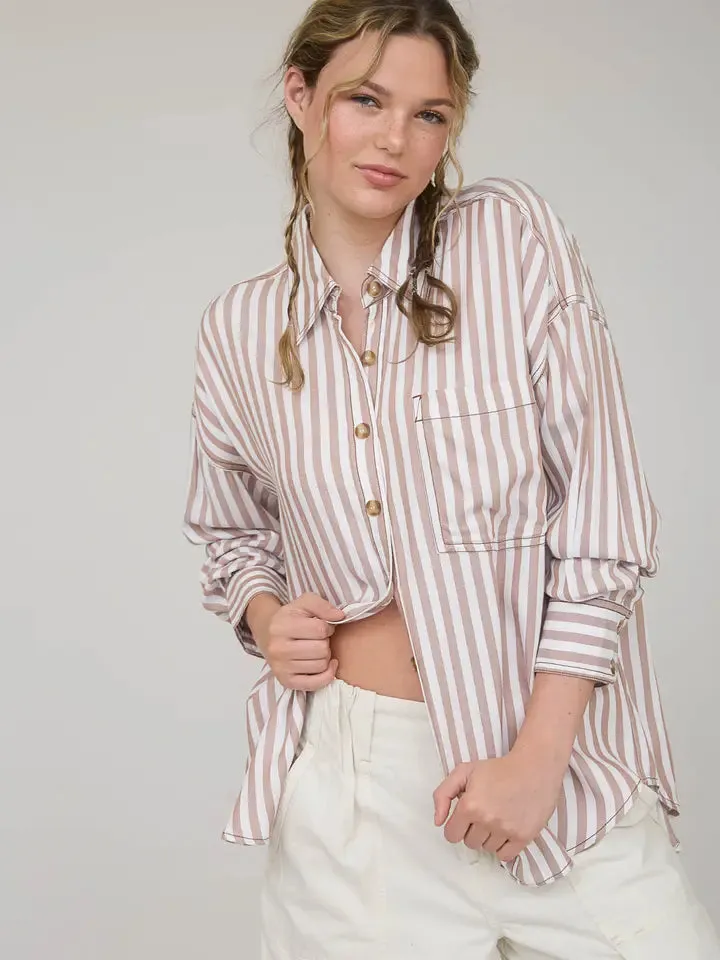 Stripe Collared Button Down Long Sleeve Shirt-Brown sold by Sunbeam product image thumbnail 2